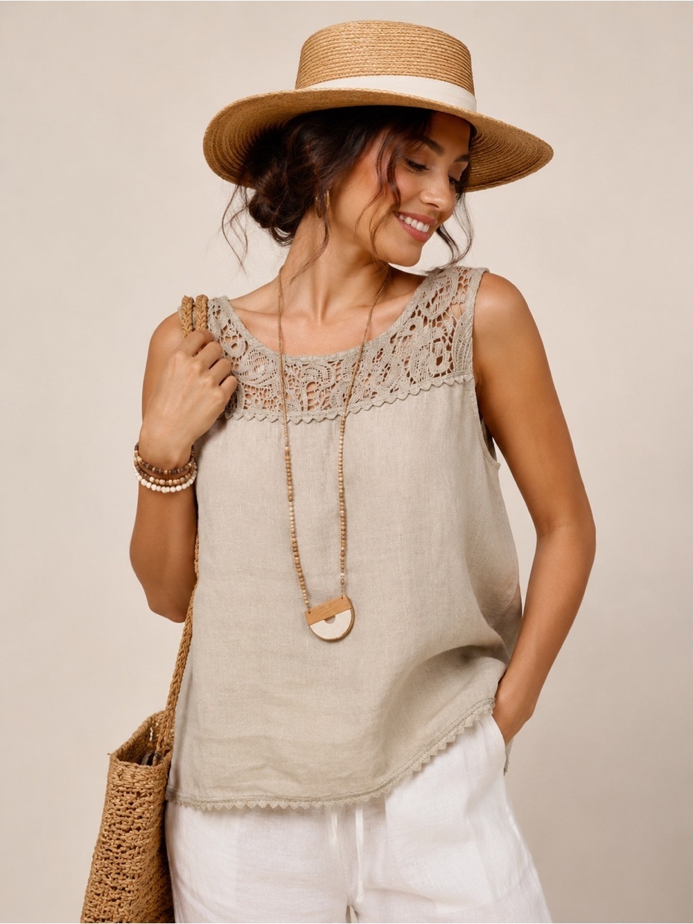 Marina Gigli Italy Beige Linen Crochet Lace Sleeveless Tank Top Size S